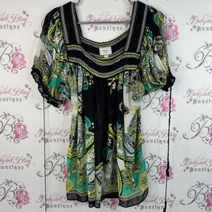ECI New York shirt ruffle sleeve crochet detail Black and Green Paisley Blouse